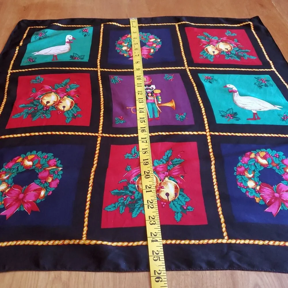 TALBOTS Silk Christmas Scarf 25.5" Square Holiday Wreath Rolled Edges Black - Picture 6 of 7